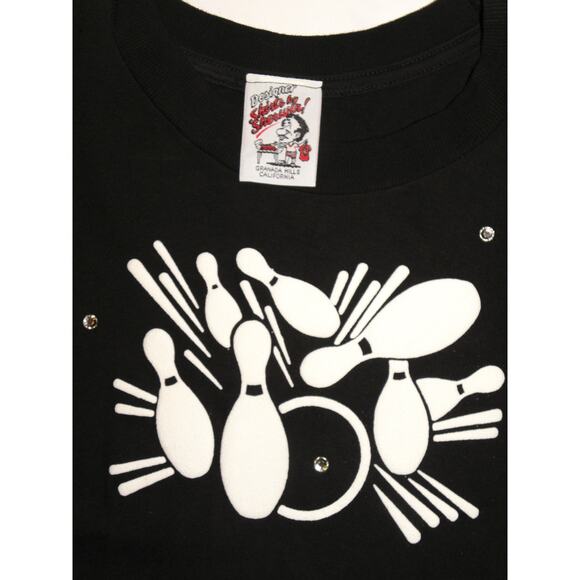 Vintage Rhinestones Puffy Print Bowling T Shirt | made USA - Picture 2 of 8